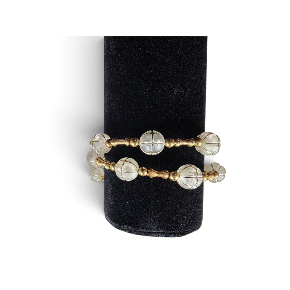 Vintage Clear Melon Cut Lucite Multi Strand Coil Wrap Bracelet Gold Tone Retro